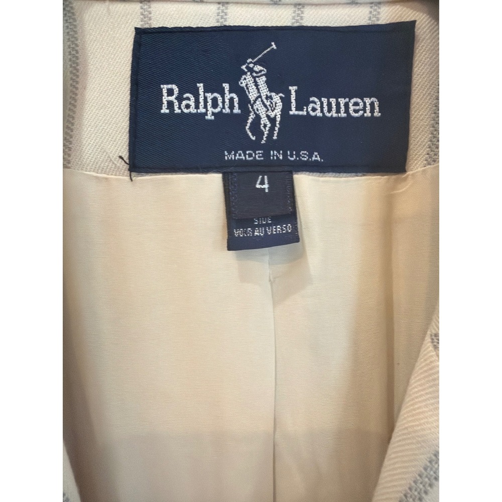 Ralph Lauren Womens Pinstripe Wool Double Breasted Blazer Cream Navy Vintage 4 - Picture 3 of 6